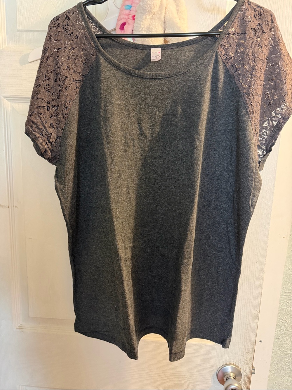 PINK Victoria's Secret Gray Scoop Neck Top with Lace Sleeves